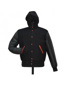 Solid Black Wool Vinyl Hooded Varsity jacket